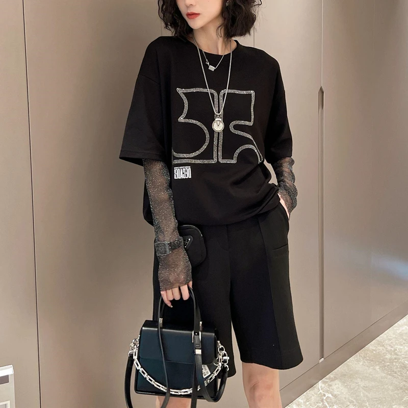 大码高级感烫钻长袖T恤女秋季2025新款微胖妹妹显瘦小众时尚上衣