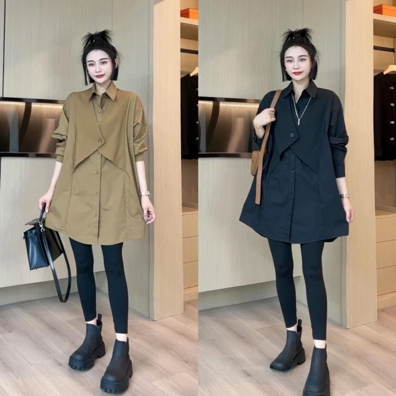 早秋设计感假两件拼接马甲衬衫2025新款大码胖MM遮肉显瘦洋气衬衣