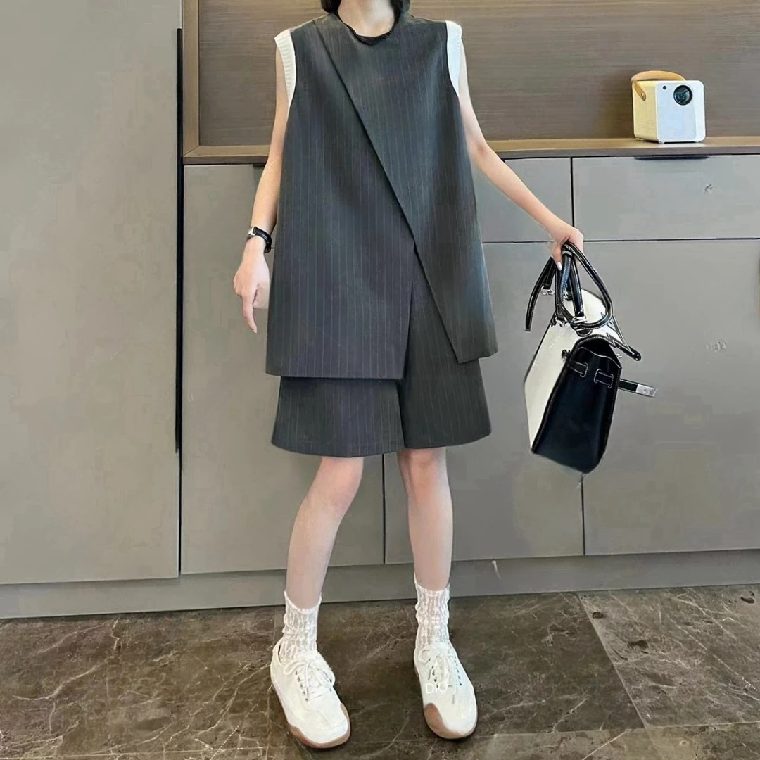 运动潮流少女套装女2025夏季大码胖MM宽松甜美条纹露肩轻薄两件套