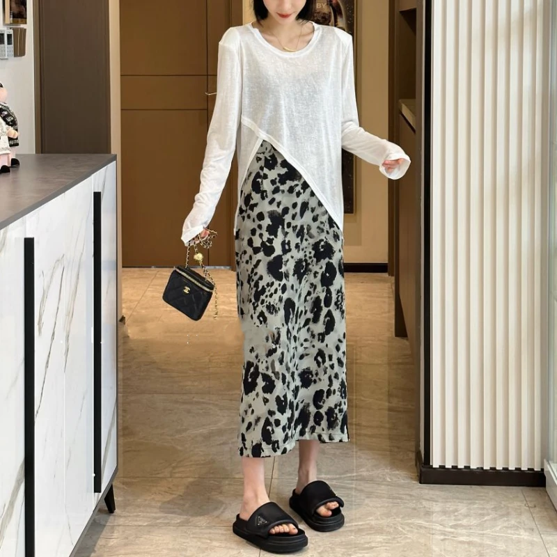 洋气百搭开叉长袖半身裙套装女2025夏季新款微胖mm遮肉显瘦两件套