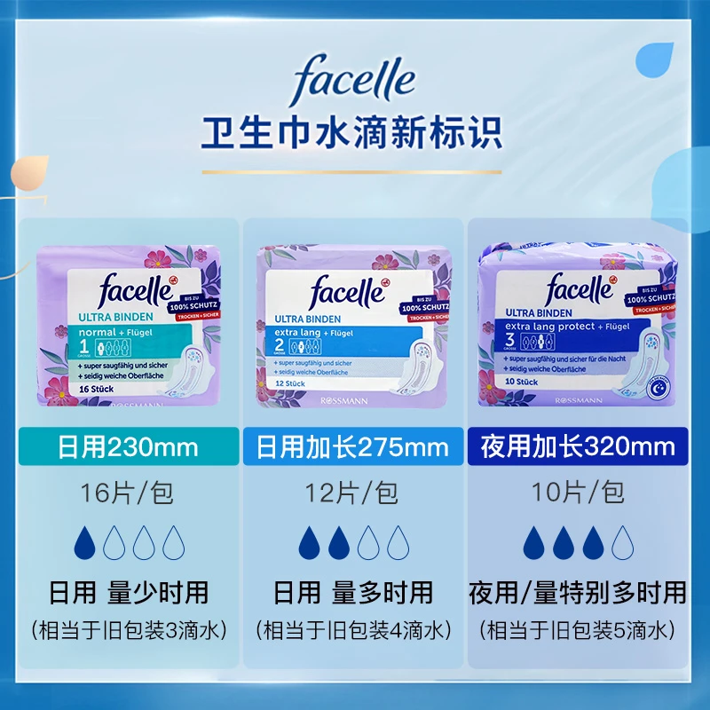 德国进口facelle菲丝乐卫生巾1、2、3号日/夜用薄款透气干爽组合