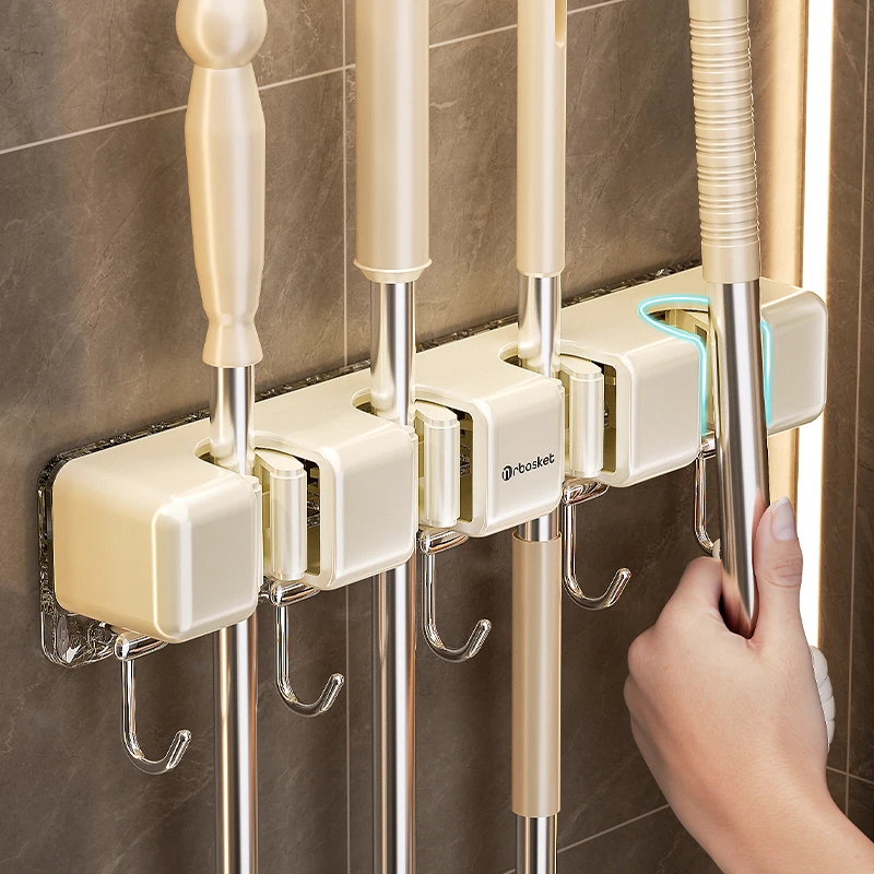 【佳立方】奶油联排拖把架挂钩免打孔壁挂卫生间拖把收纳架固定卡扣