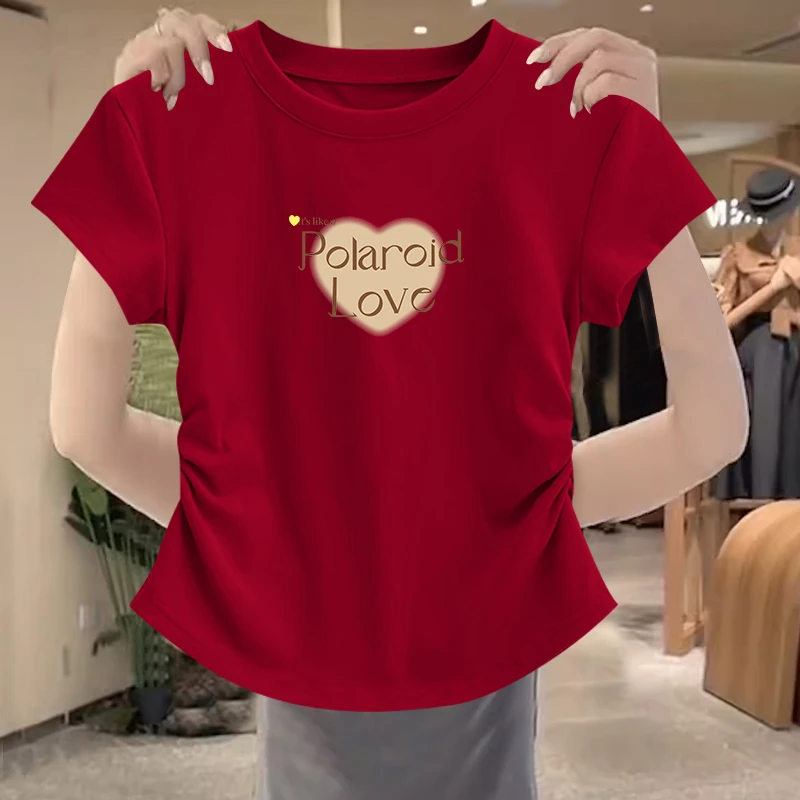 2025夏季新款印花圆领短款显瘦T恤女时尚百搭修身夏季红色上衣潮
