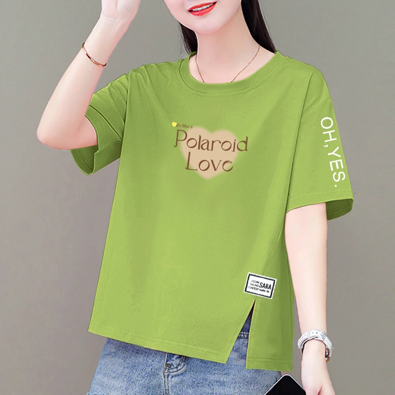 2024新款大码女装夏季薄款100纯棉薄款半袖圆领开叉减龄百搭T恤衫