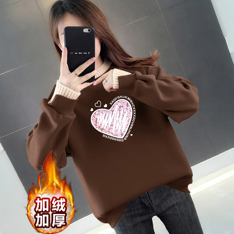 加绒加厚女卫衣假两件新款小众上衣宽松韩版拼接毛领百搭女装长袖