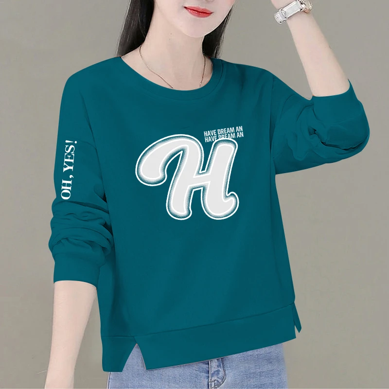 100%纯棉春秋季薄款休闲韩版宽松高档显瘦印花圆领百搭女长袖T恤
