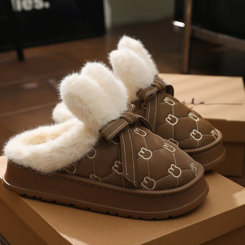 可爱兔耳朵棉拖鞋女秋冬季室内家居保暖防滑厚底保暖毛毛棉拖女款