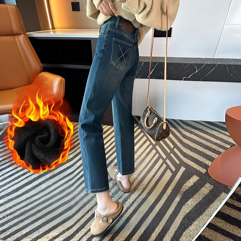 秋冬新款加绒时尚牛仔裤高腰显瘦小个子宽松窄版九分直筒法棍裤