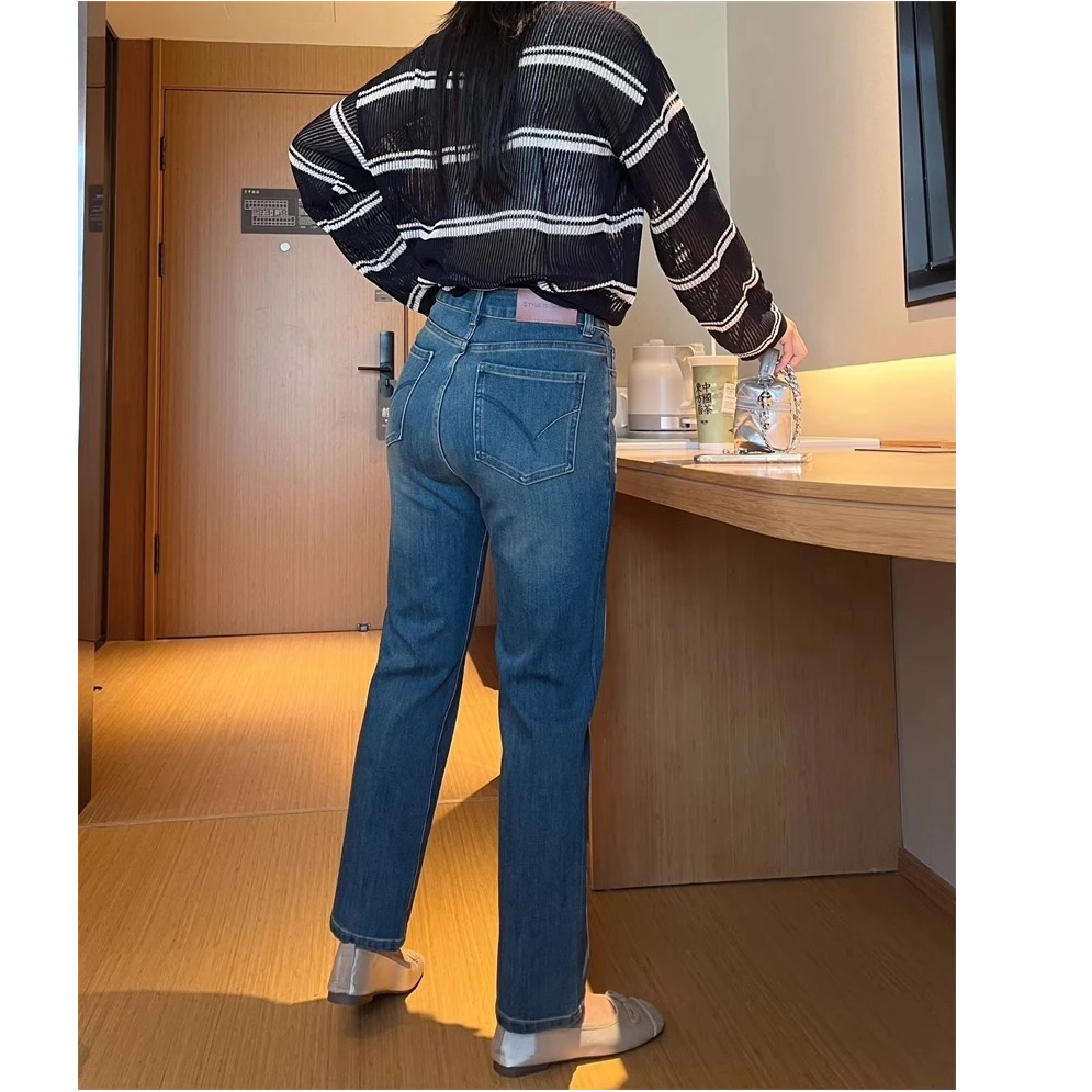 春秋新款弹力口袋刺绣小个子高腰显瘦法棍直筒烟管九分牛仔裤