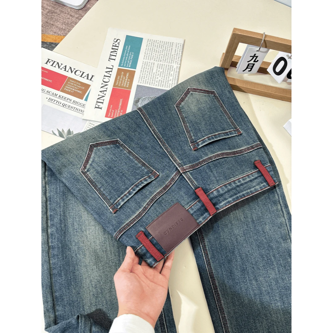 【破价清】秋款高腰窄版安可拉红阔腿牛仔裤女加长小个子直筒裤