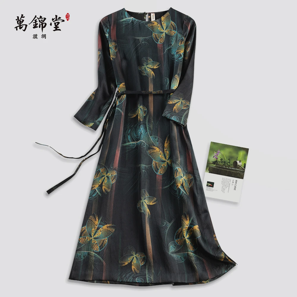 翠蝶影踪·女士桑蚕丝印花香云纱系带宽松长袖连衣裙优雅气质时尚