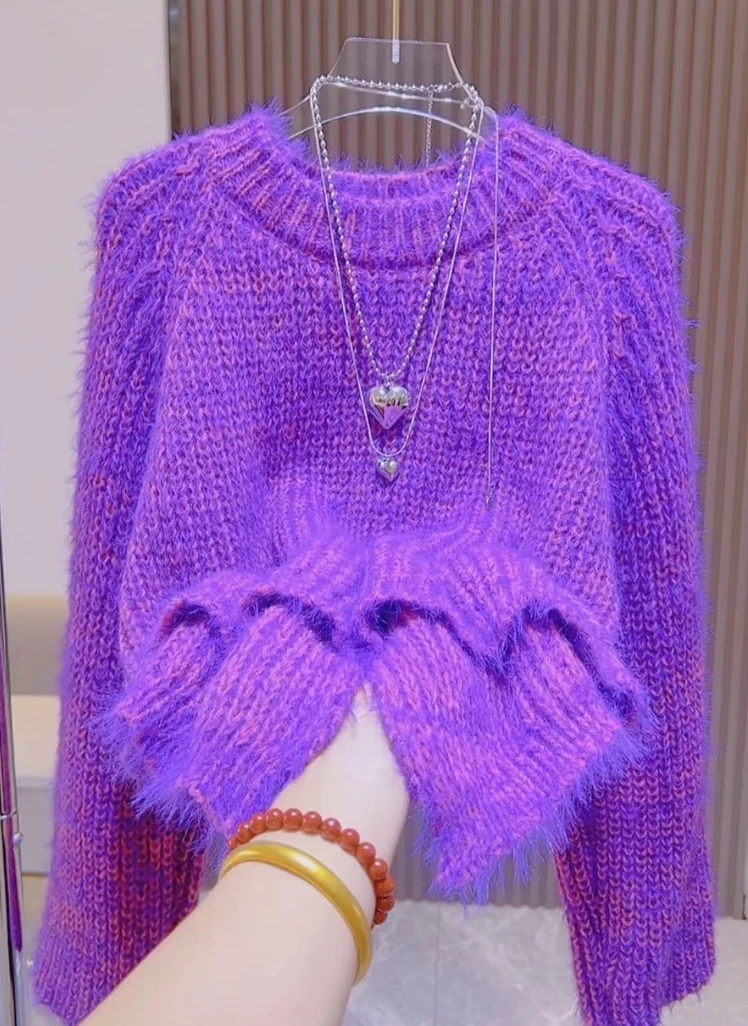 003红人上新紫色妖姬不起球加厚仿貂毛针织衫洋气时尚百搭宽松
