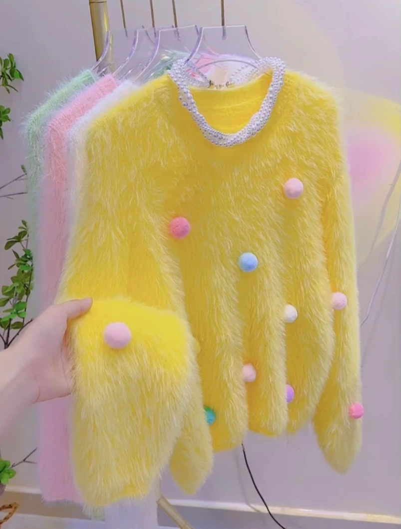 Hyl328彩色毛球水貂绒毛衣洋气时尚百搭甜美韩版网红加厚套头