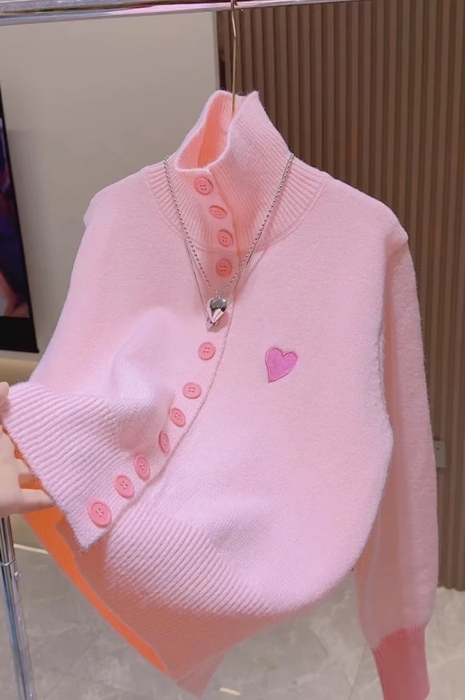 5925 糖果色爱心刺绣撞色加厚开衫毛衣外套打底洋气时尚百搭韩版