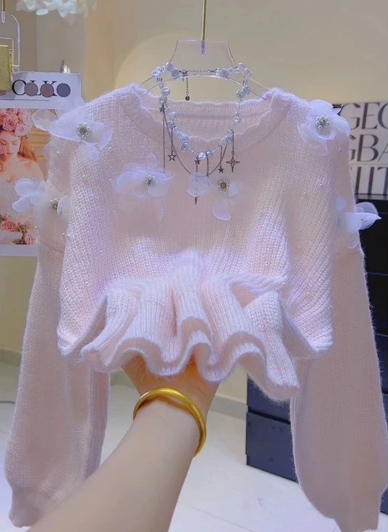 Sz88钉珠花朵小香风毛衣软糯风甜美温柔长袖针织衫网红毛衣针织衫