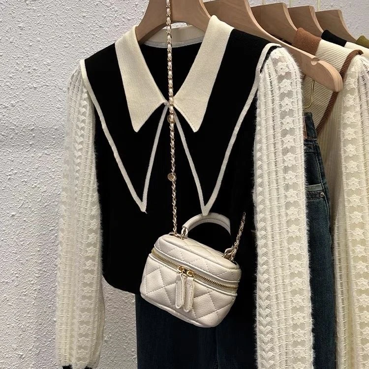 娃娃领长袖针织衫2025年秋冬季新款法式拼接套头时尚宽松遮肚上衣