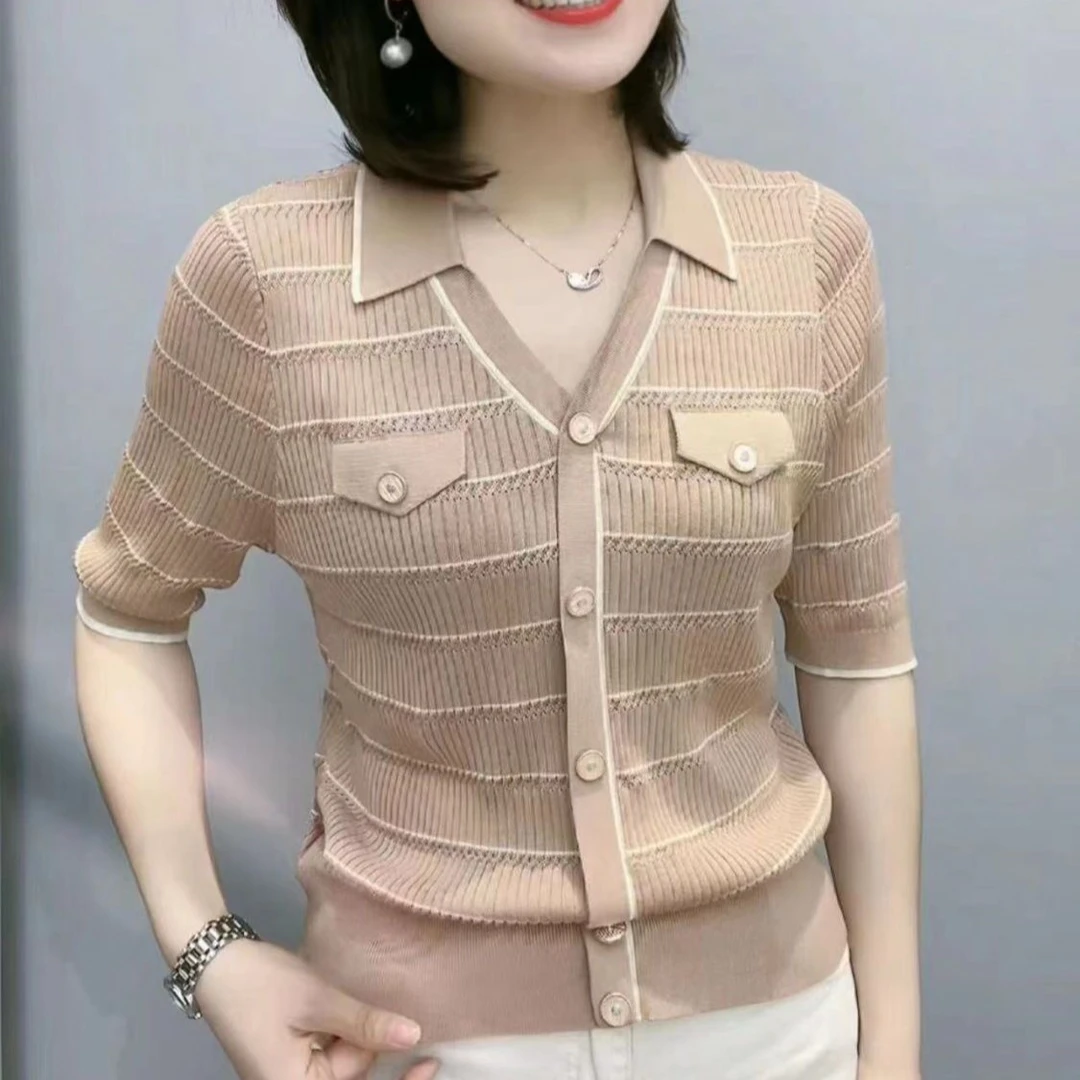 2025夏季新款polo领条纹单排扣小众设计时尚休闲针织衫上衣女夏潮