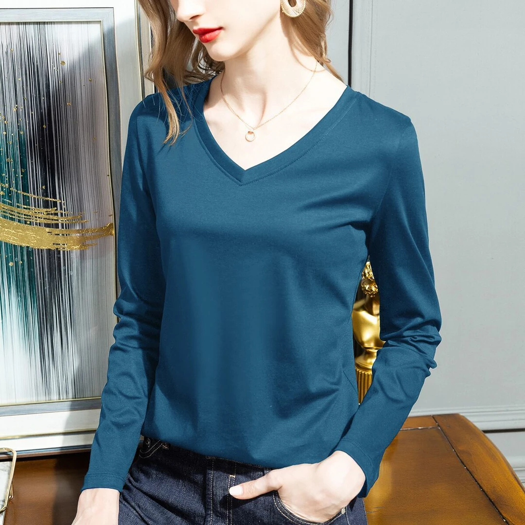 春秋高档80支丝光棉t恤女2022秋新款大码百搭打底衫显瘦长袖纯棉