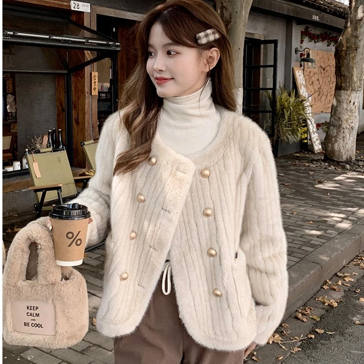 2023秋冬新款仿水貂毛外套女加棉加厚韩版网红双排扣大衣毛毛外套