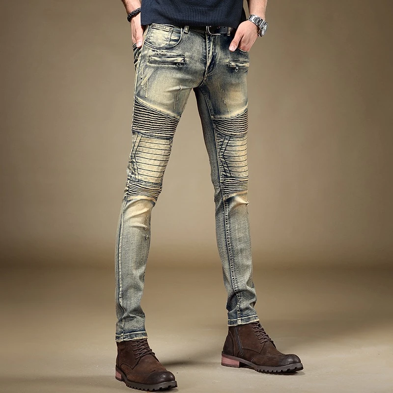 牛仔长裤男潮牌秋季美式哈雷机车骑行复古做旧裤子男修身小脚裤男