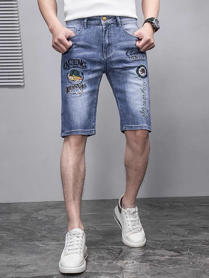 潮牌牛仔短裤男字母刺绣韩版夏季薄款修身直筒水洗牛仔休闲五分裤