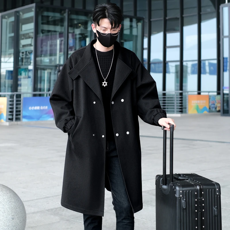 毛呢大衣男中长款秋冬季潮牌高级感外套青少年立领高级痞帅风衣男