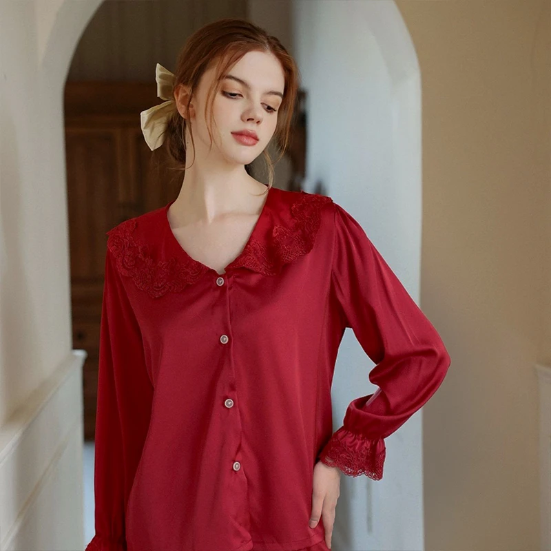 春秋季冰丝睡衣女长袖时尚娃娃领蕾丝红色宽松薄款开衫家居服套装