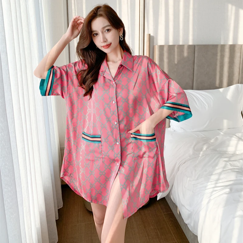 夏季2024新款性感冰丝睡裙女款衬衫裙薄款网红高级感睡衣女家居服