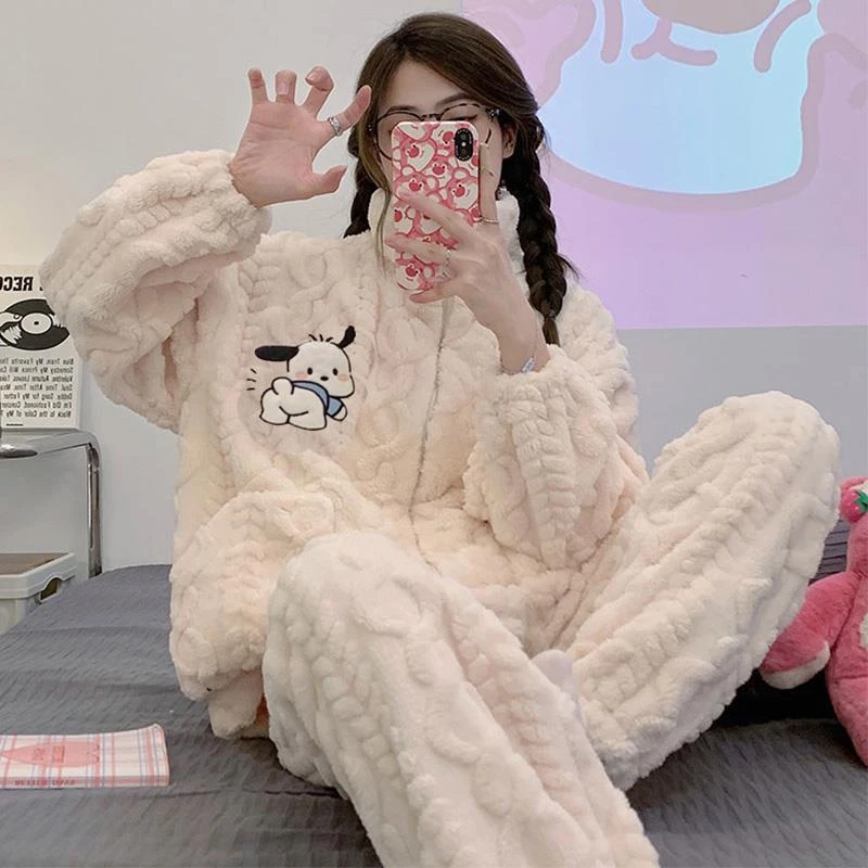 珊瑚绒睡衣女士秋冬季节加绒加厚卡通可爱2023时尚套装新款家居服