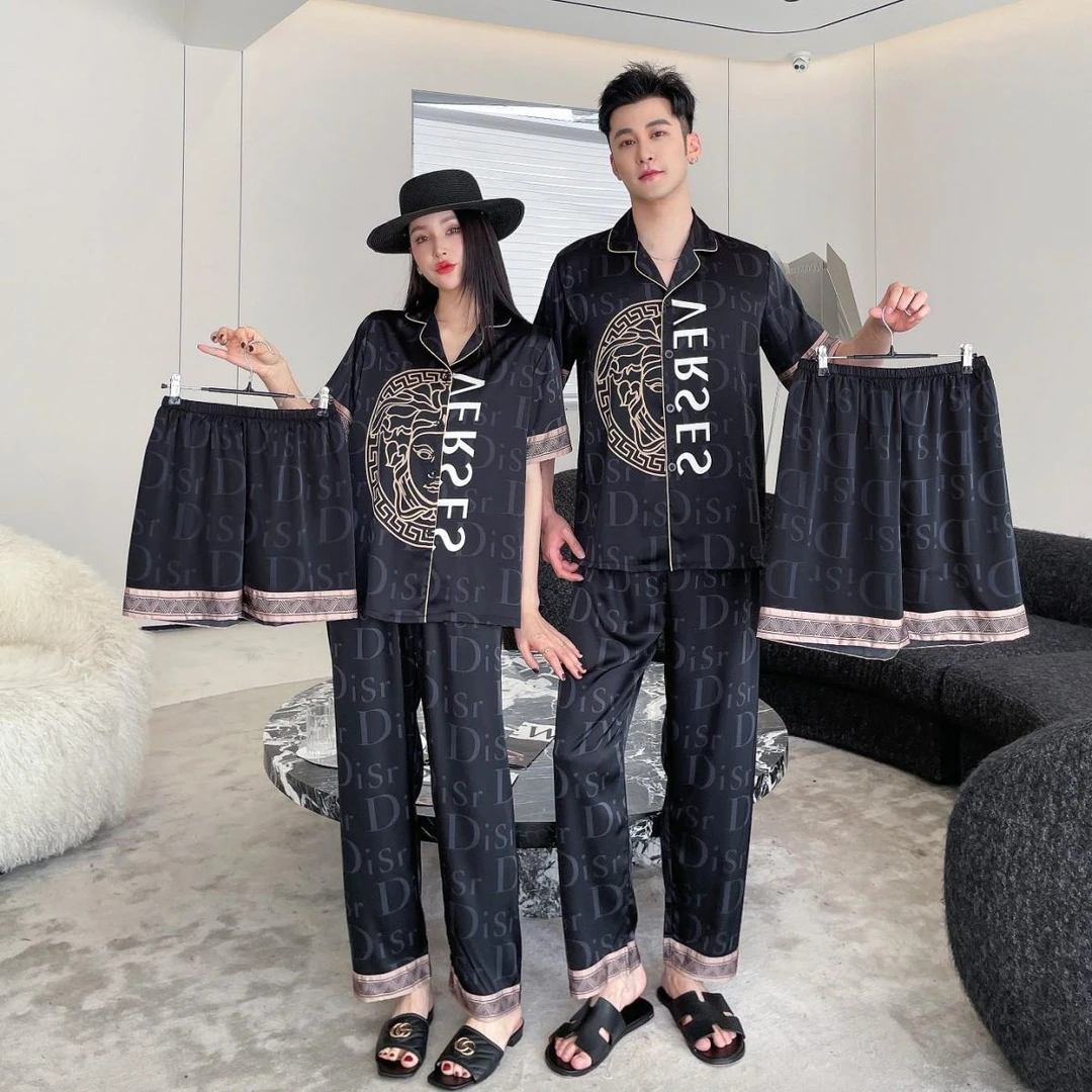 【三件套】夏季情侣冰丝睡衣女套装2025新款春秋时尚高级感家居服男