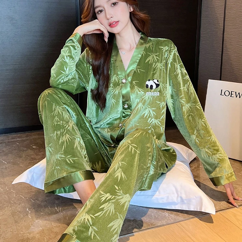 金丝绒睡衣女士秋冬新款高级感V领长袖时尚轻奢高级感家居服套装
