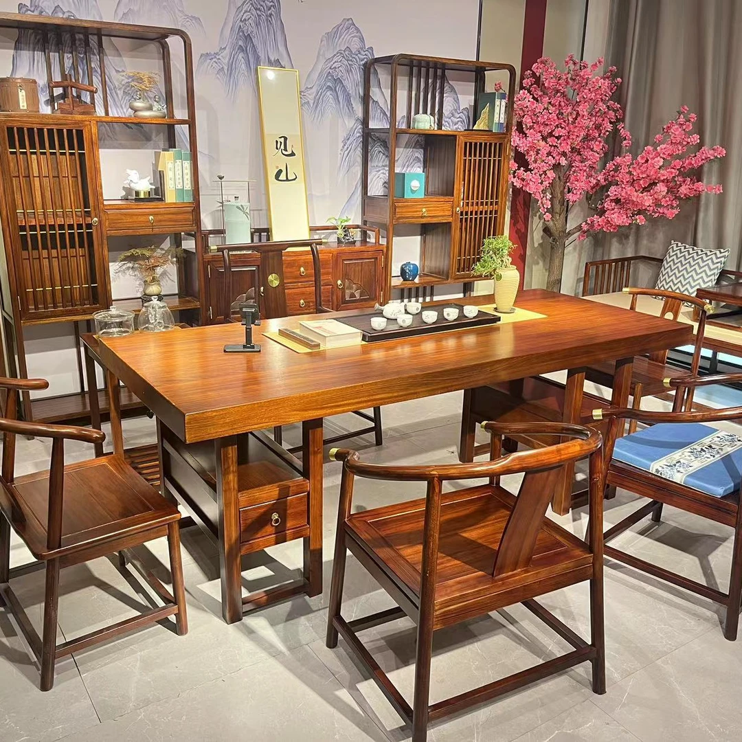 乌金木大板茶桌椅组合办公室实木茶台新中式茶几烧水壶一体套装