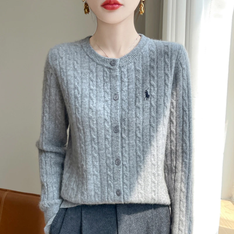 时尚复古麻花长袖针织开衫女宽松圆领毛衣高级感显瘦外搭上衣ins