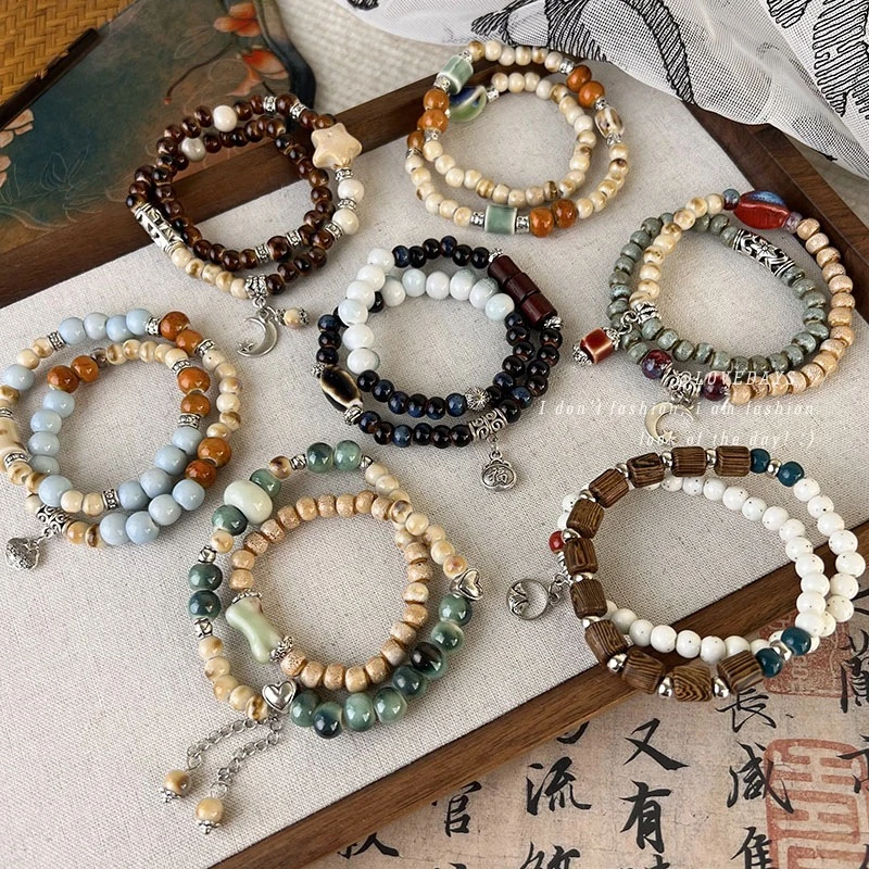 双层手链~陶瓷串珠新中式弹力手串复古手链