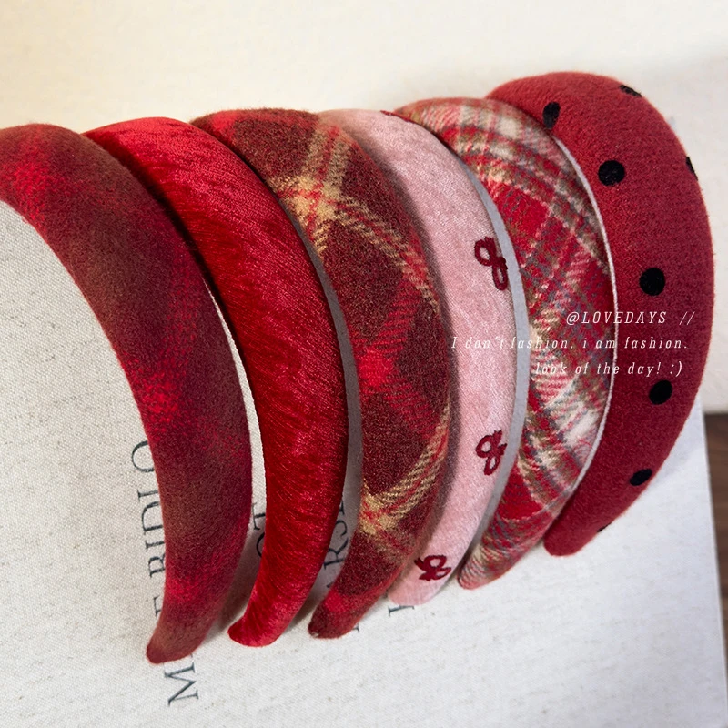 小众复古~酒红色甜美发箍头箍羊毛安哥拉增颅顶发卡减龄圣诞发饰
