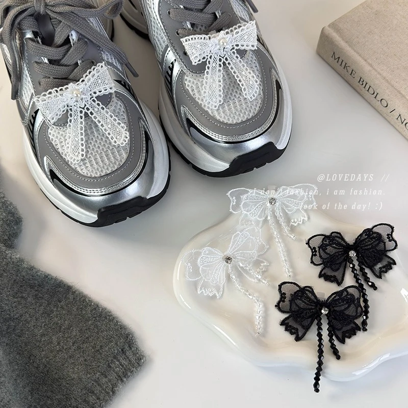 蕾丝蝴蝶结鞋扣小众珍珠流苏鞋带装饰串珠运动鞋花diy配饰 可拆卸