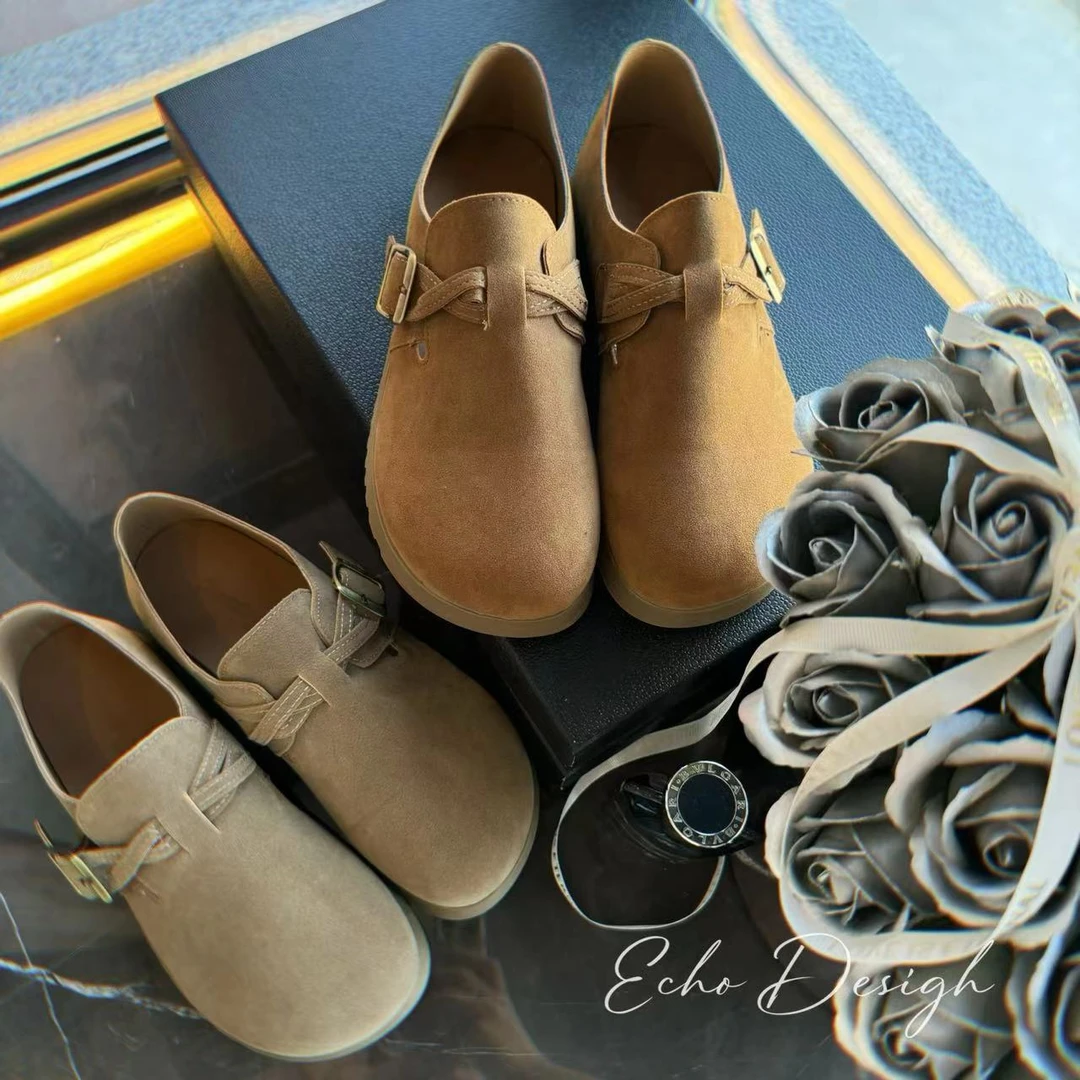 【ECHO】特!‘经典麻花款平底勃肯’24复古厚底镂空圆头单鞋一脚蹬女