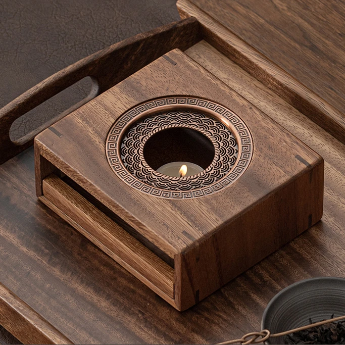 胡桃木高端中式温茶器茶壶蜡烛加热煮茶炉底座茶壶加热底座木制