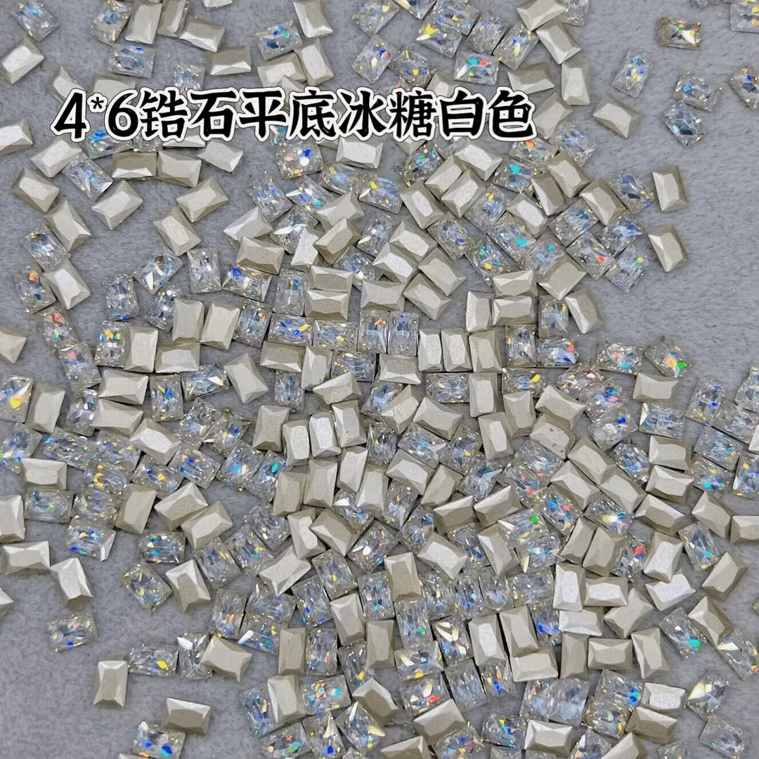 ZY平底5A锆石美甲钻4*6长方冰糖平底钻超闪白色爆闪指甲钻方形钻