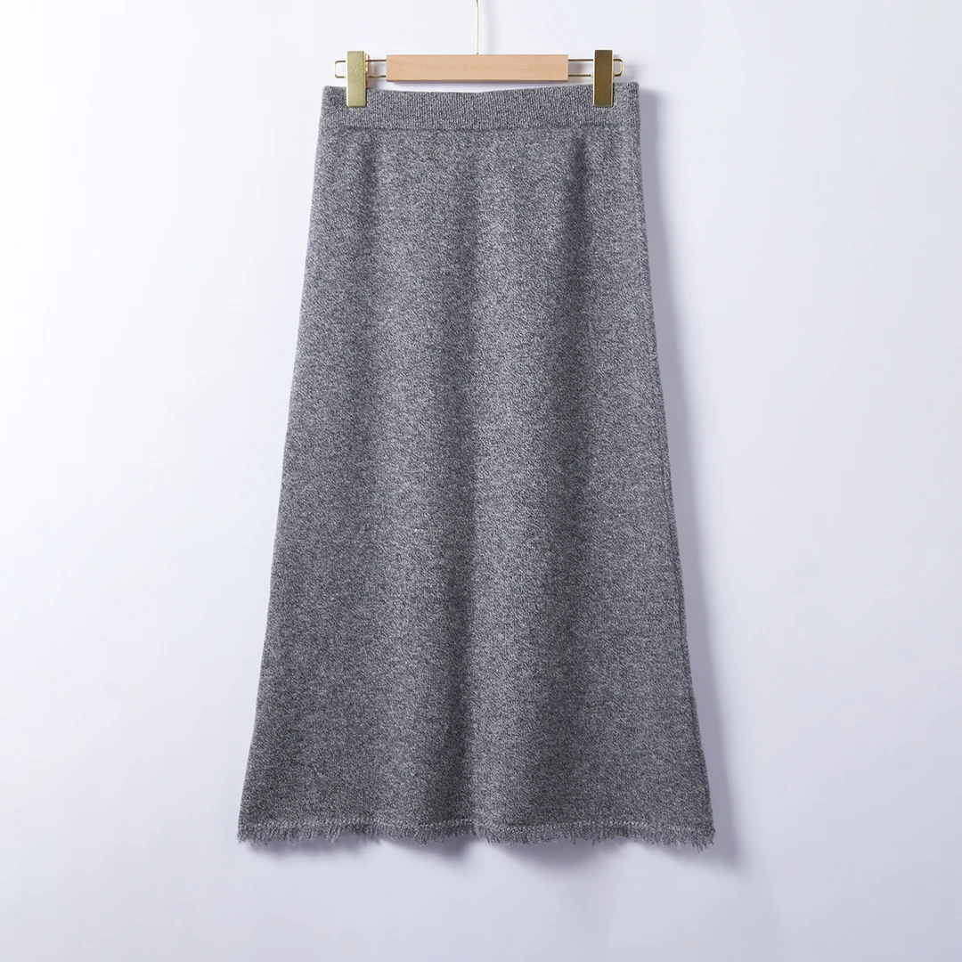[100%羊绒]DF683B毛边平针半身裙保暖舒适气质显瘦时尚百搭中长款