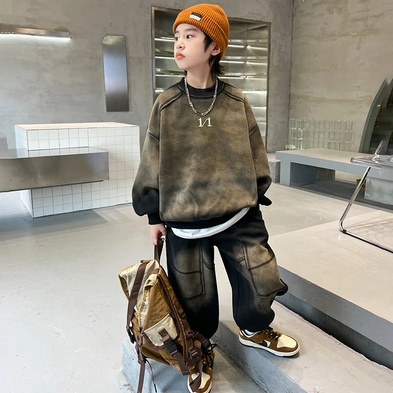 男童长袖运动套装长裤做旧酷帅秋季中大童搞定新款街舞潮牌洋气