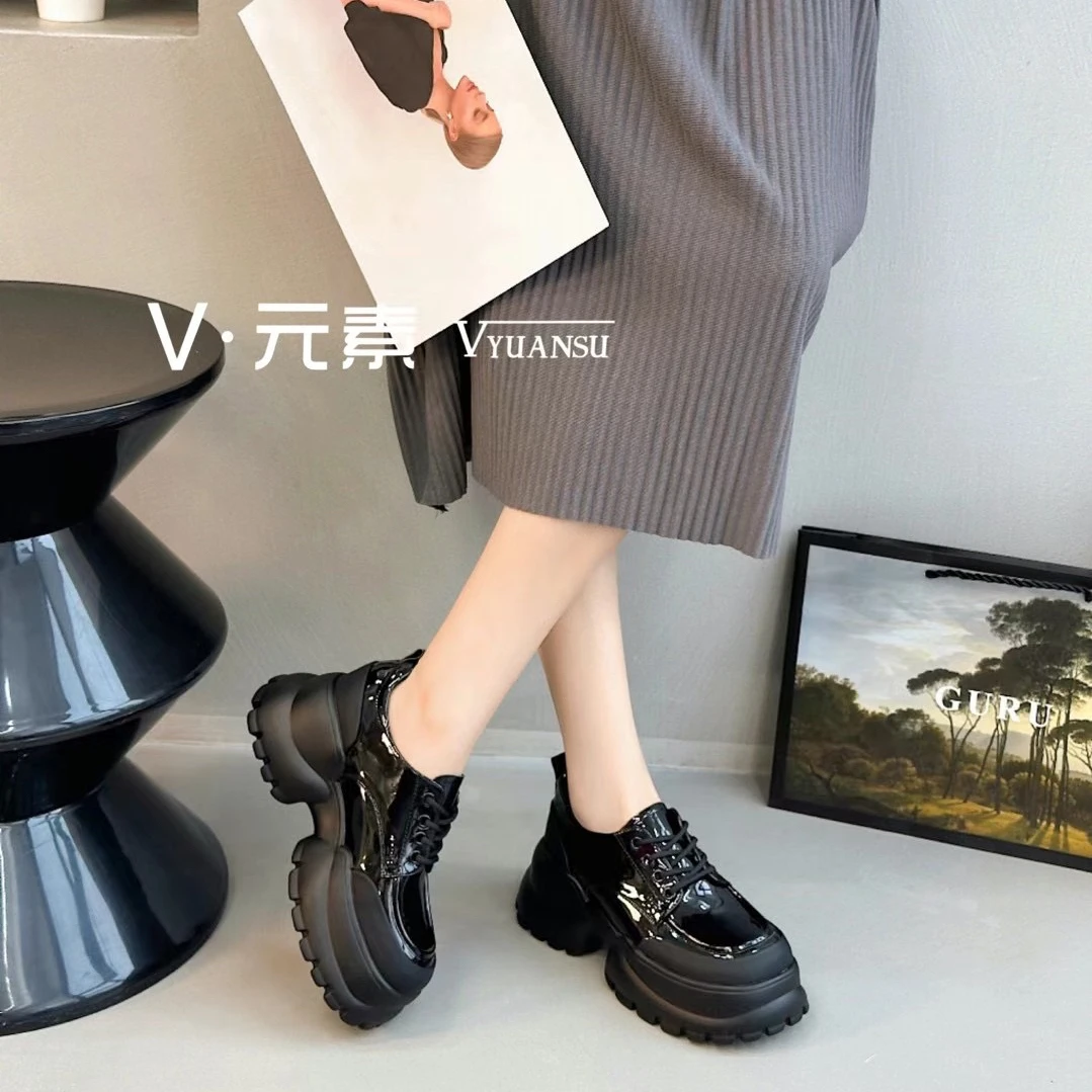 V.元素7cm增高鞋女2025新春英伦风小皮鞋jk拼色小个子厚底乐福鞋