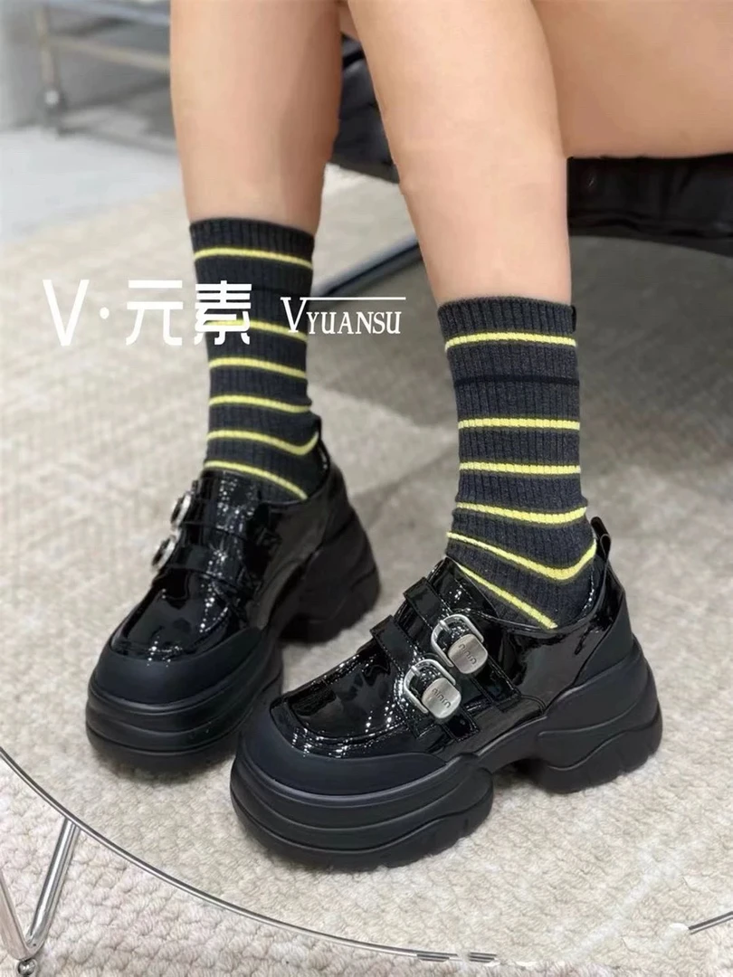 V元素厚底增高小皮鞋女2024新秋冬小个子单鞋魔术贴松糕鞋乐福鞋