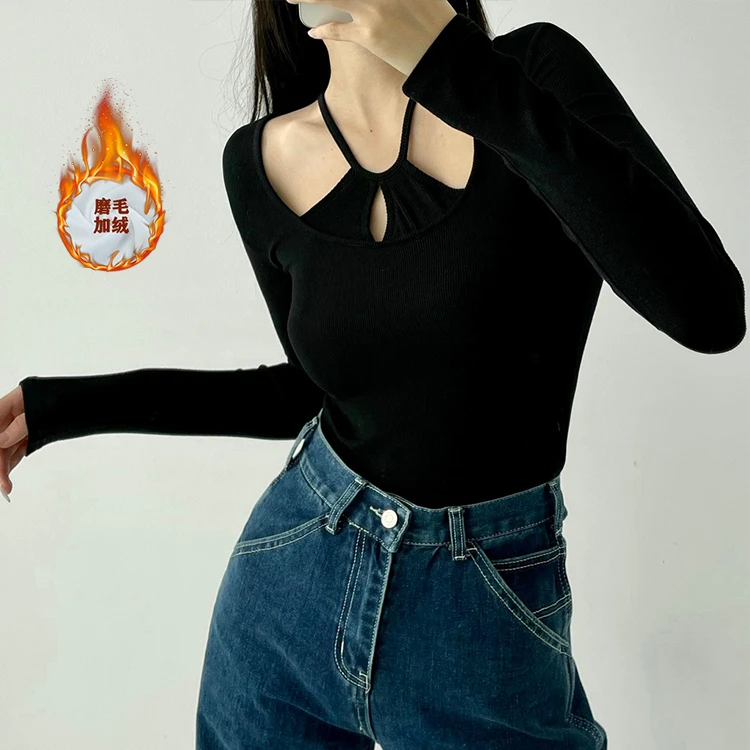 黑色假两件设计感挂脖打底衫女秋冬修身显瘦百搭长袖t恤磨毛上衣