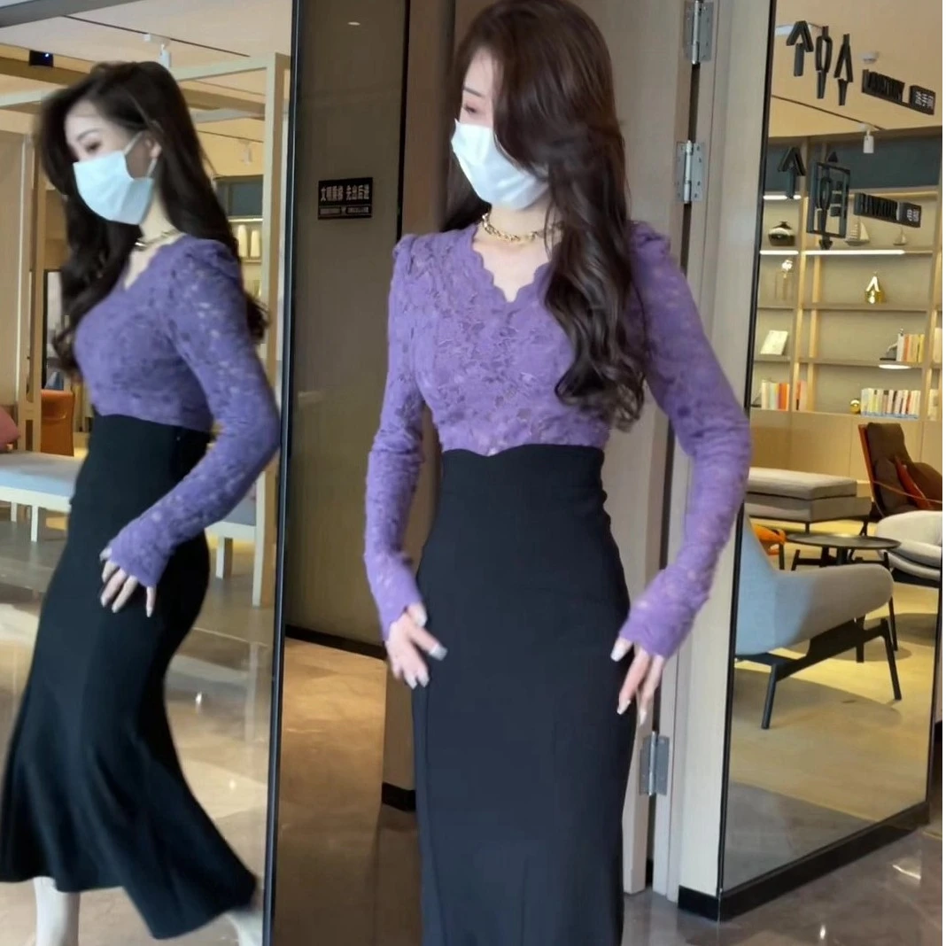 气质打底V领蕾丝针织衫女秋冬镂空女神长袖时尚洋气纯色加厚上衣