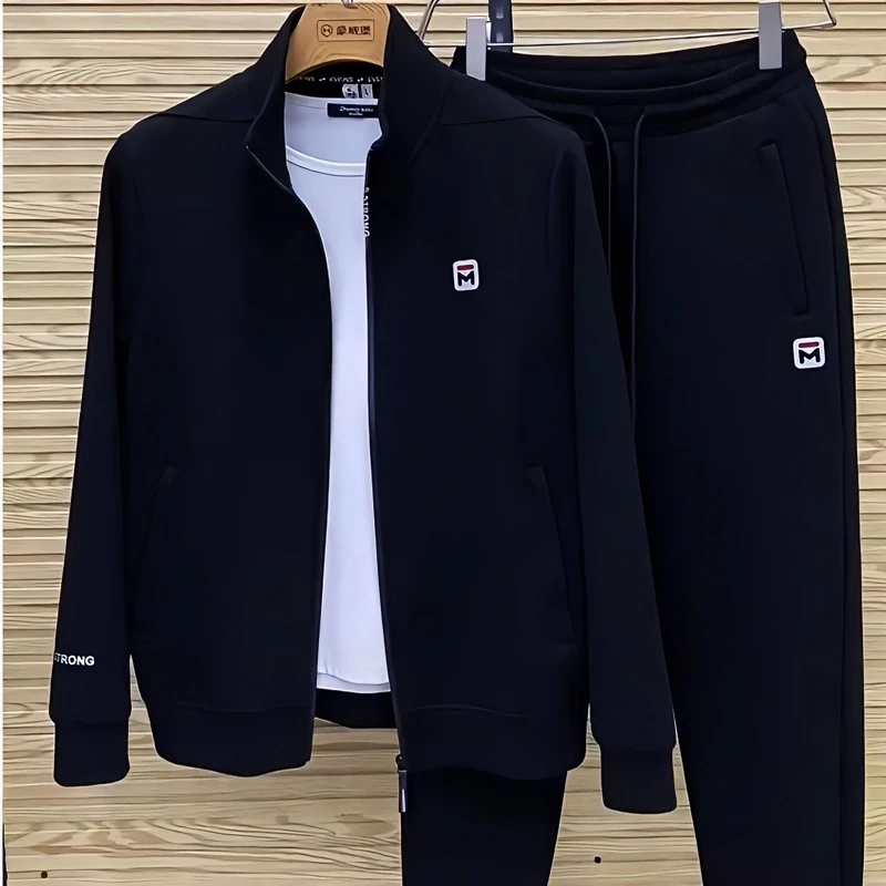 时尚修身百搭字母外套休闲卫裤时尚运动服套装男士简约牛仔两件套