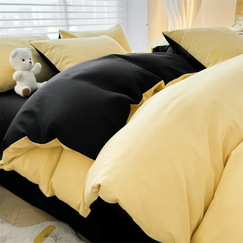 简约北欧风黄黑拼色INS床上床单四件套双人被套单学生宿舍三件套