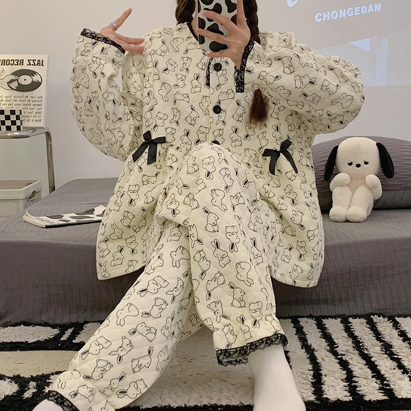 秋冬加厚空气棉月子服兔子款宽松大码哺乳期孕晚期保暖住院家居服