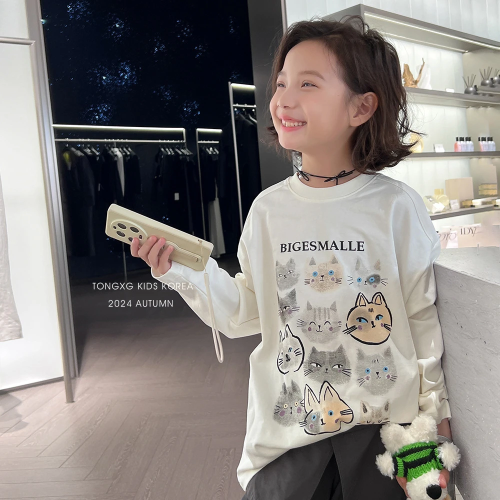【秋日猫咪】2024秋新款中大童长袖卡通上衣洋气宽松T恤ys038