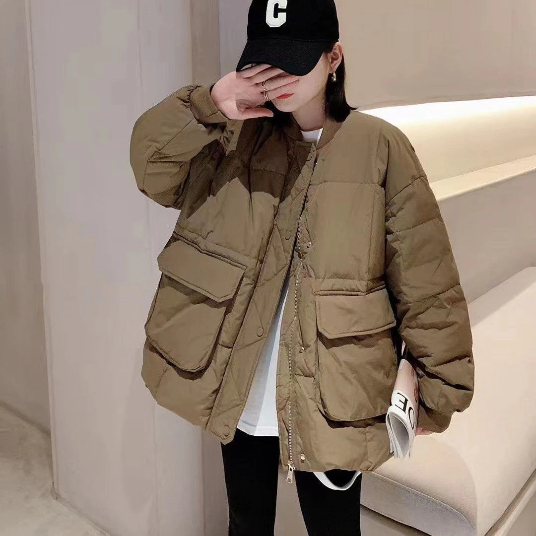 欧货圆领白鸭绒羽绒服女2022冬新韩版短款小个子棒球服外套面包服